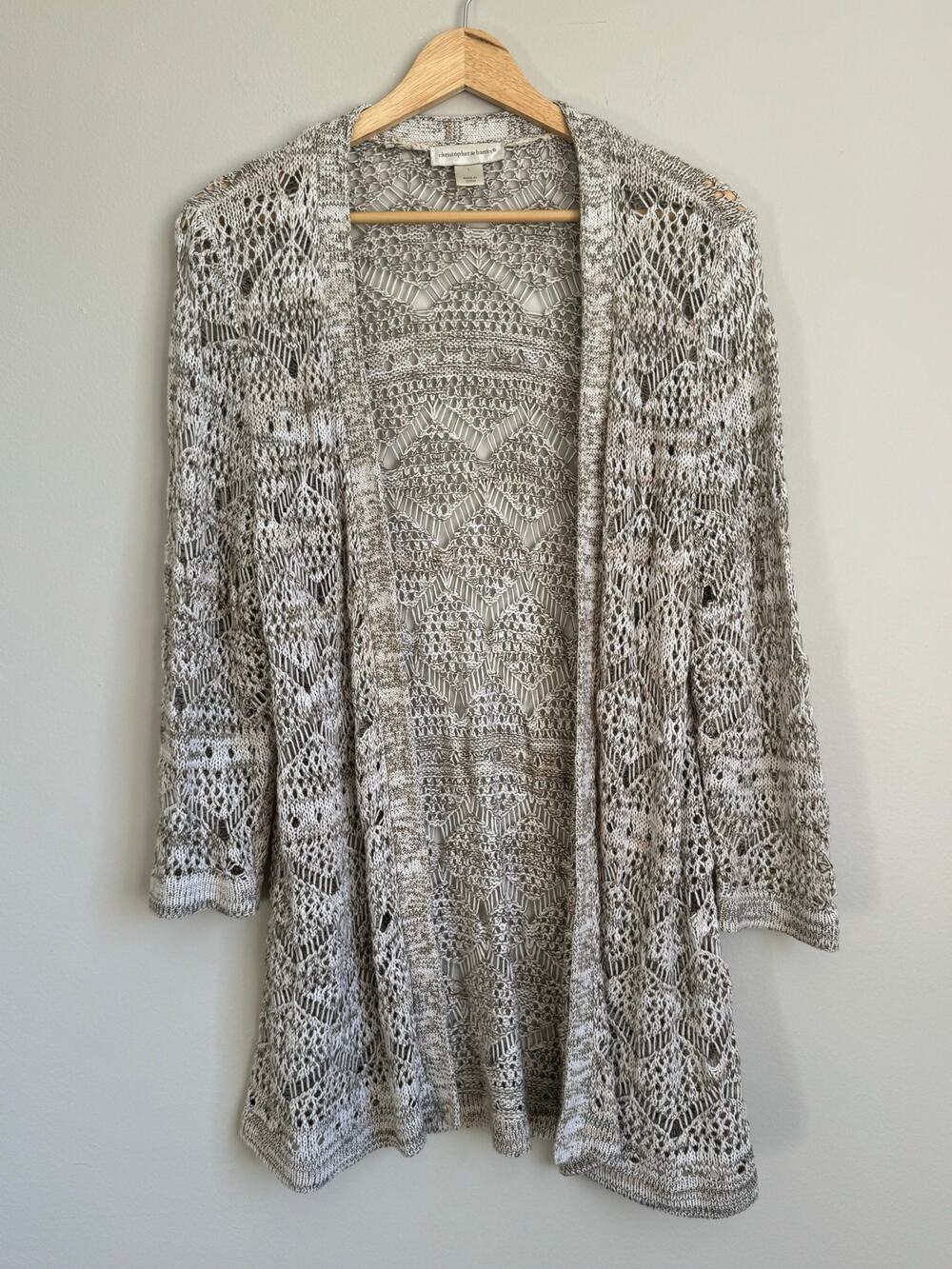 Christopher & Banks Open Knit Cardigan Large Boho Beachy Neutral Coastal